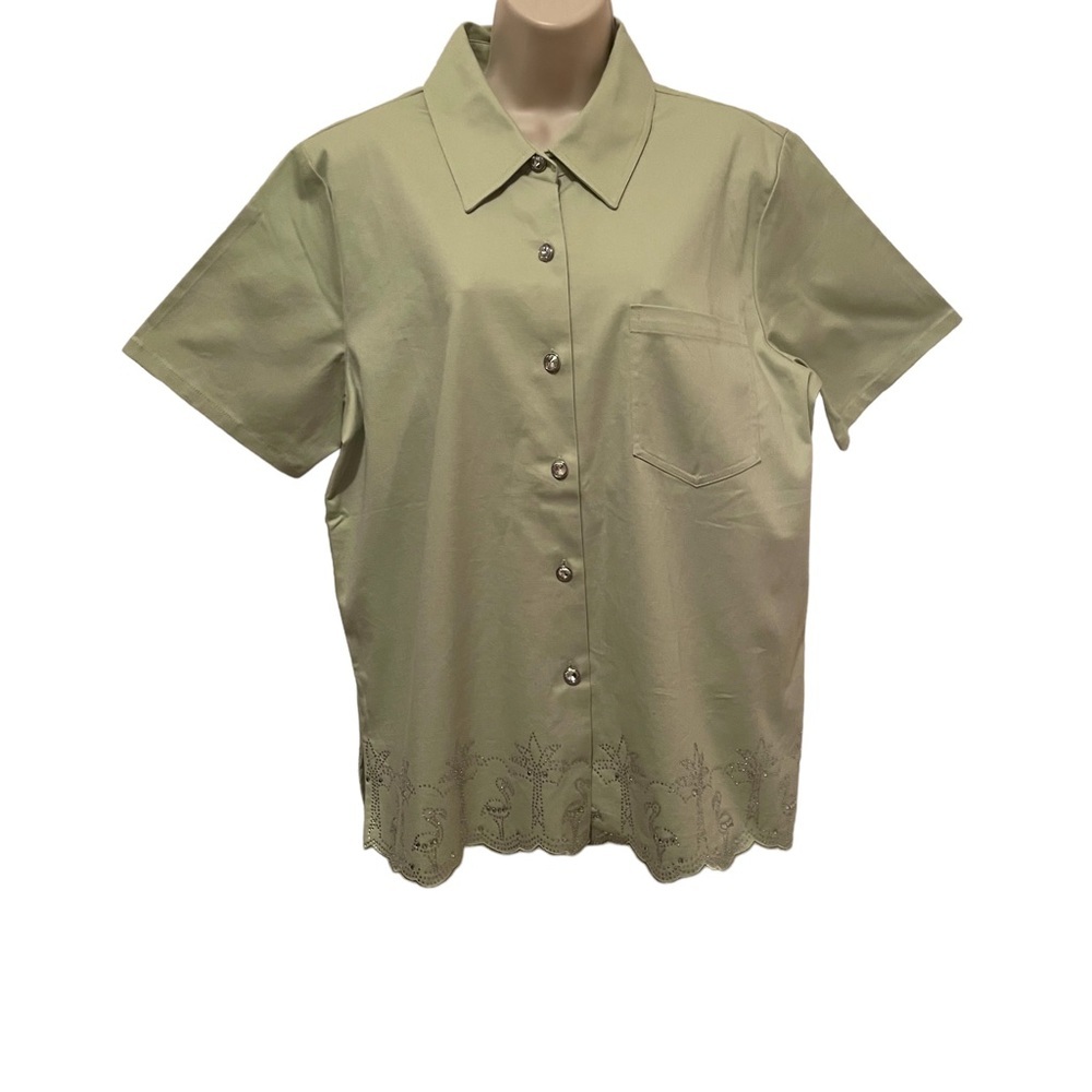 Quacker Factory Short Sleeve Button up Embellished Shirt Rhinestones Large Green